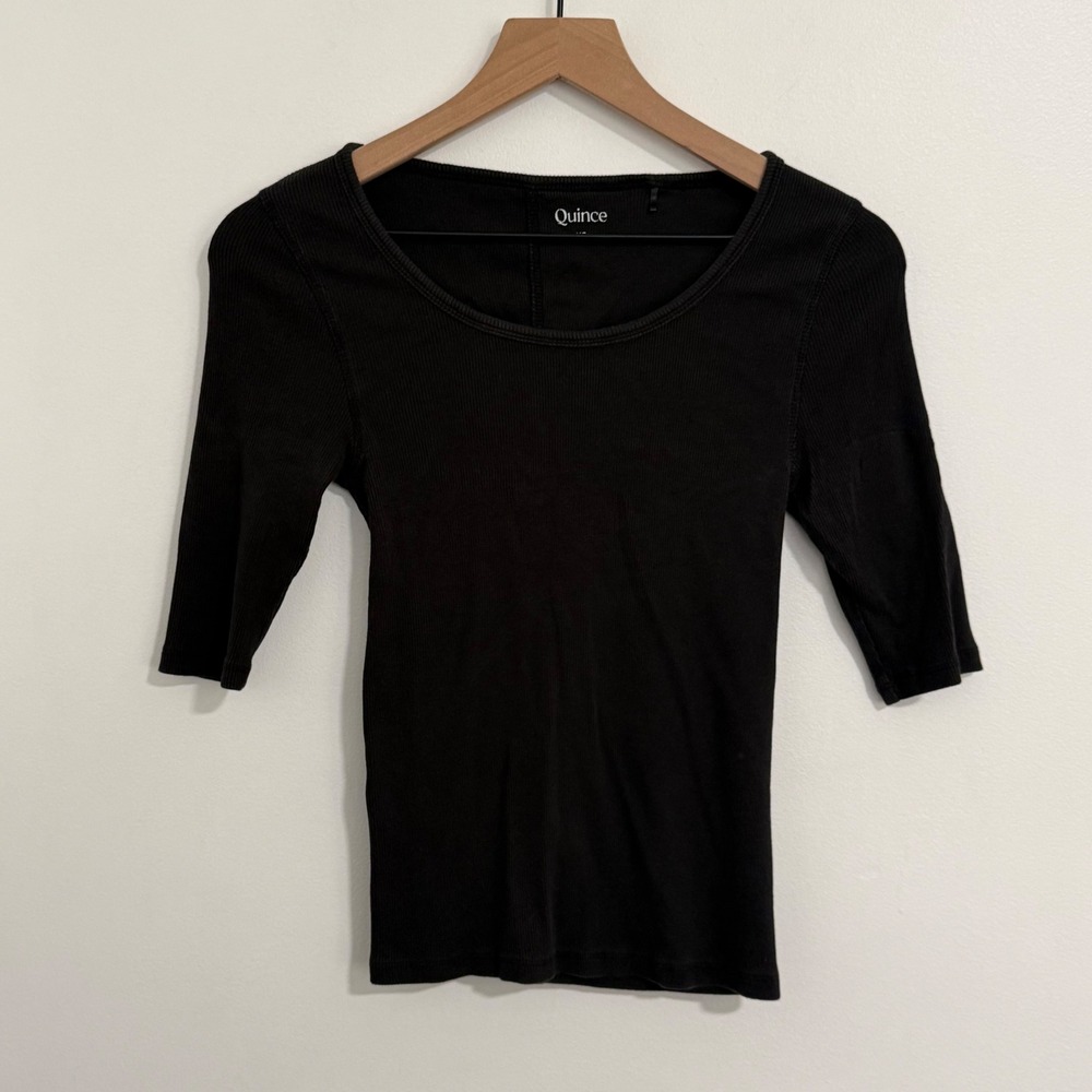 Quince Micro Rib Tee Womens XS Black Organic Cotton Elbow Sleeve Minimalist
